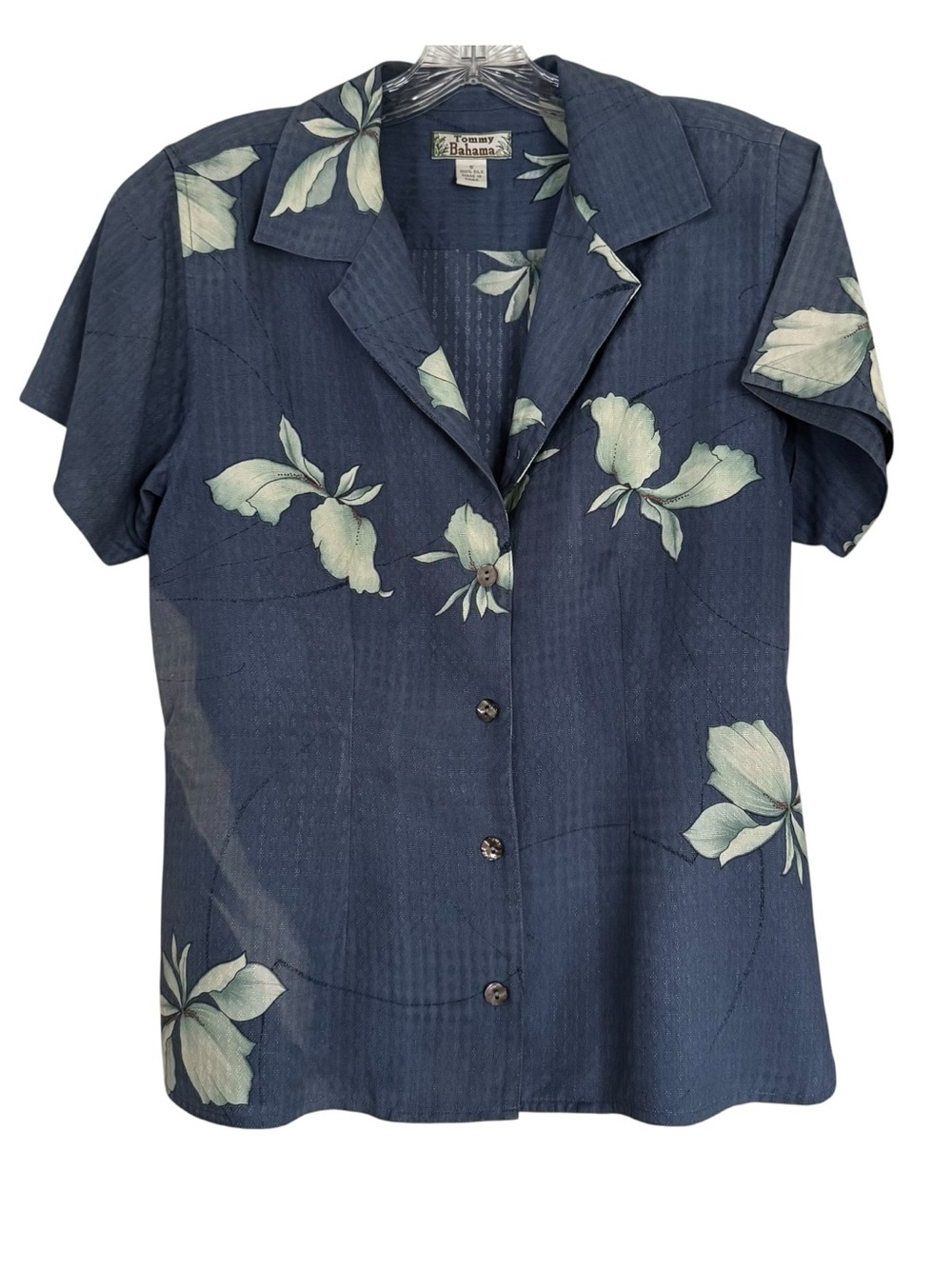 Tommy Bahama 100% Silk Blue Floral Hawaiian Camp Shirt Top Size Small Textured